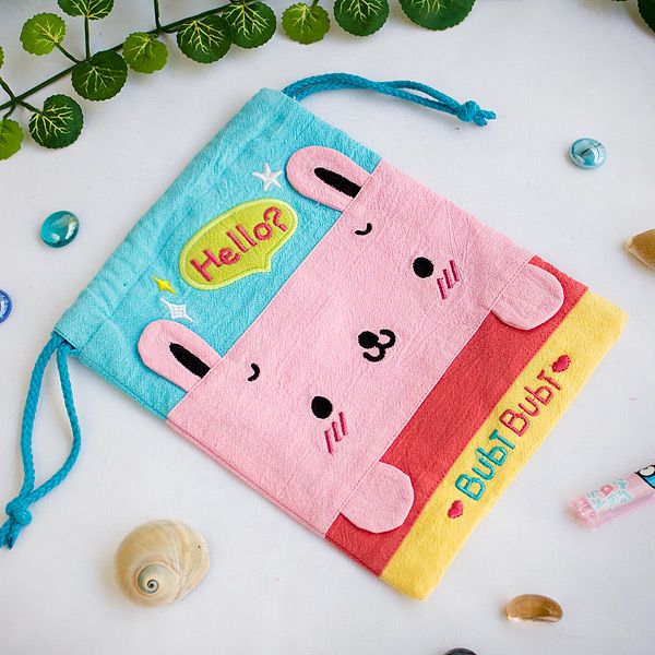 [Bubi Bunny] Embroidered Applique Fabric Art Draw String Bag / Drawstring Pouch (6.7*8.5)